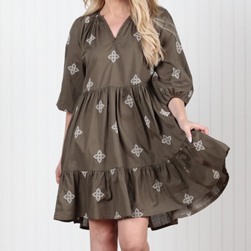 Mira olive green & white embroidery lightweight summer dress size XXL